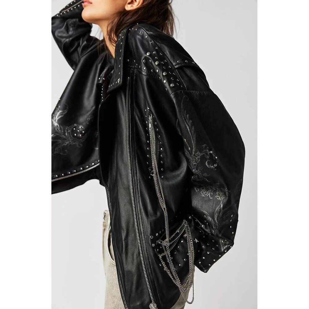 Free People Nigel Preston Chain Embellished Biker Jacket Leather - Picture 13 of 14